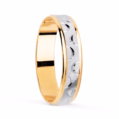 18k alianza oro bicolor tallada y bordes en brillo. ancho: 4 mm. talla: 9