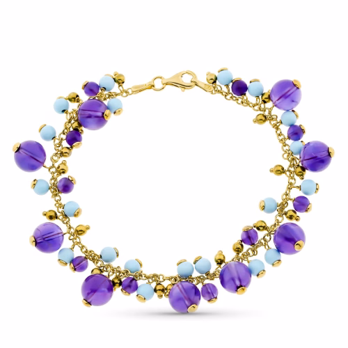 18k pulsera entrepiezas oro amarillo turquesas y amatistas