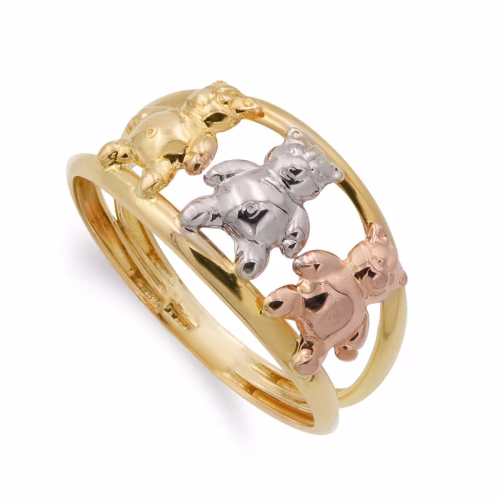 18k sortija oro tricolor dos cuerpos con tres ositos. ancho: 9,5mm