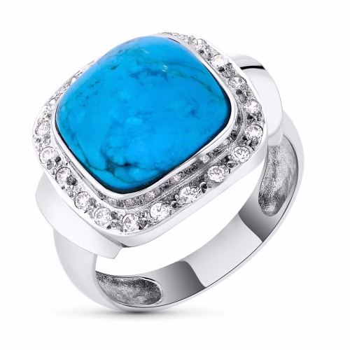 18k sortija oro blanco con turquesa de 12 mm y circonitas. ancho: 17 mm