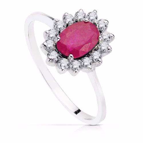 18k sortija oro blanco piedra fina rubi 7x5mm con circonitas