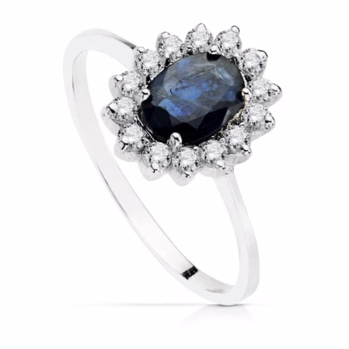 18k sortija oro blanco piedra fina zafiro 7x5mm con circonitas
