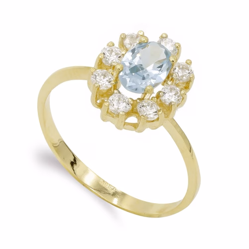 18k sortija oro amarillo cuajo aguamarina y circonitas. ancho: 12mm