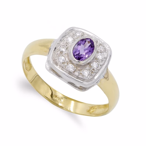 18k sortija oro bicolor amatista y circonitas. ancho: 11x11 mm