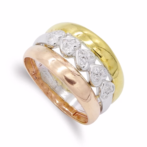 18k sortija oro tricolor maciza corazones con circonitas. ancho: 13,5 mm