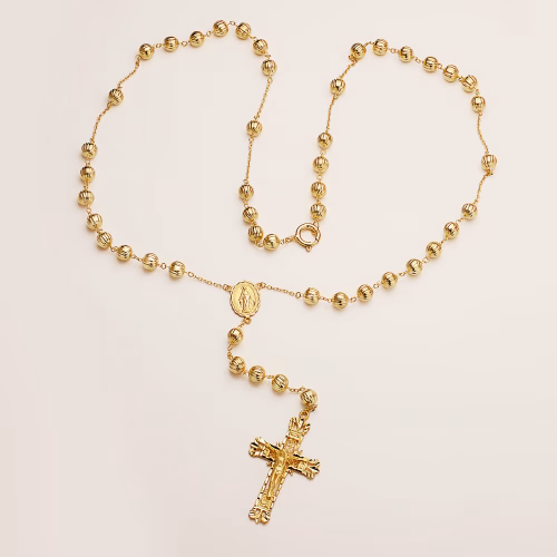 18k rosario oro amarillo con bolas 6 mm, cruz 45x27 mm y milagrosa. cadena 65 cm