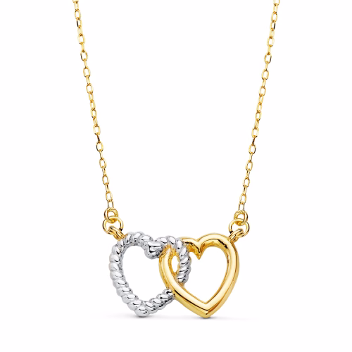 18k gargantilla oro bicolor dos corazones 13x9 mm. cadena forzada 42 3 cm
