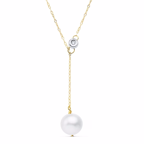 18k collar oro bicolor perla 12 mm cadena 45cm chaton 5mm. diamante laboratorio 0,020 qts g-vs2. perla 11mm