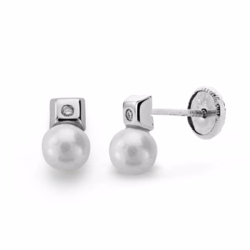 18k pendientes oro blanco perla 3 mm diamantes naturales si-h talla brillante 0,012 qts. cierre tuerca