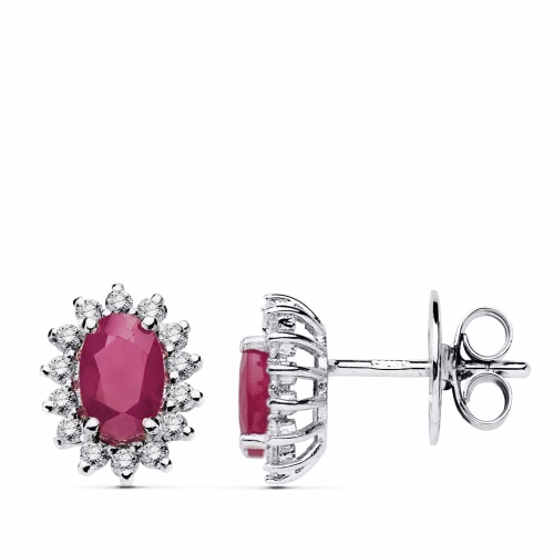 18k pendientes oro blanco 28 diamantes laboratorio y rubi 6x4 mm 1,10 qt 0,28 qts. vs2-g cierre presion 9,5x8 mm