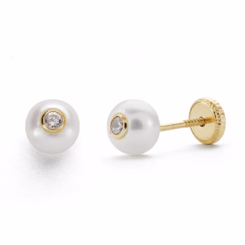 18k pendientes oro amarillo perla 5 mm circonita cierre tuerca