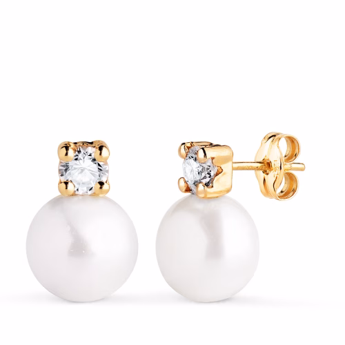 18k pendientes oro amarillo tu y yo perla con circonita. medida: 13 x 9 mm. cierre presion