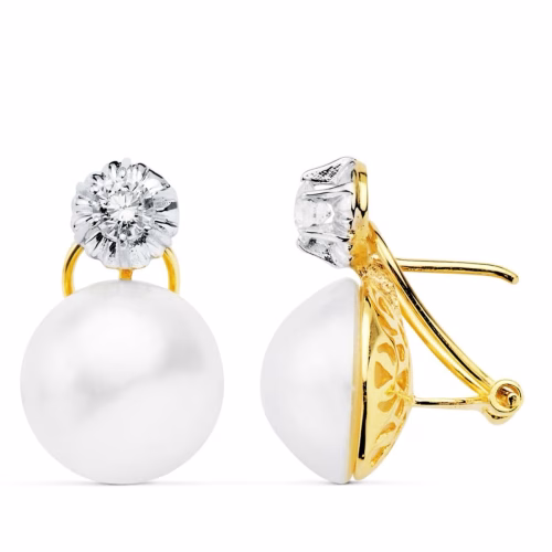 18k pendientes oro amarillo perla australianas 14 mm cierre omega