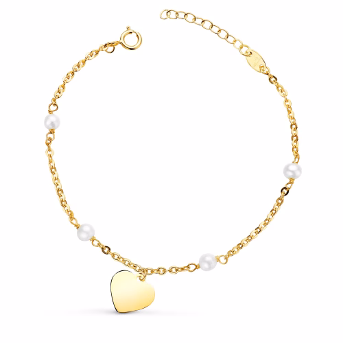 18k pulsera oro amarillo con perlas 3.5mm y placa chapa corazon 10mm. largo: 15 2cm