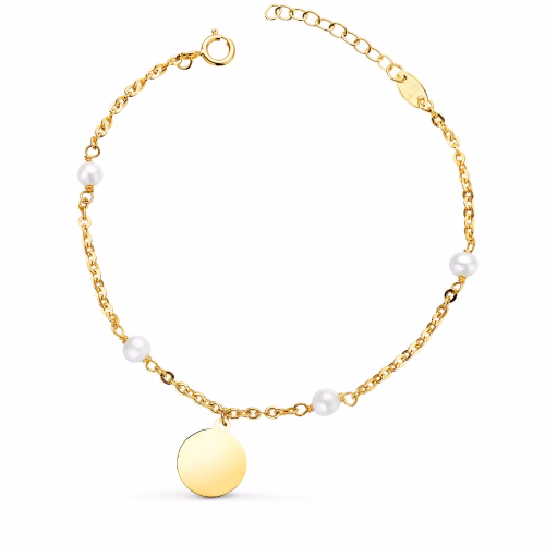 18k pulsera oro amarillo con perlas 3.5mm y placa chapa redonda 10mm. largo: 15 2cm