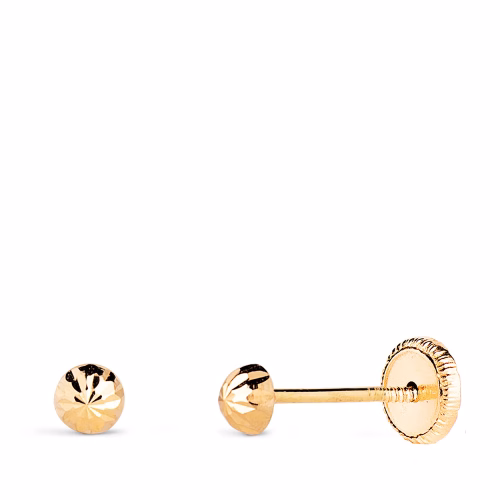 18k pendientes oro amarillo media bola tallada hueca. ancho: 3 mm. cierre tuerca