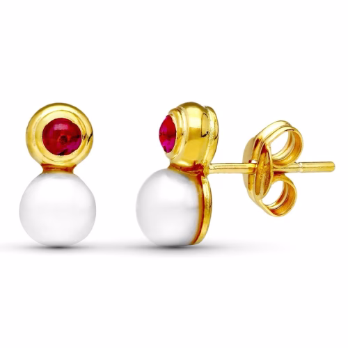 18k pendientes oro amarillo perla y piedra roja 10x5 mm cierre presion