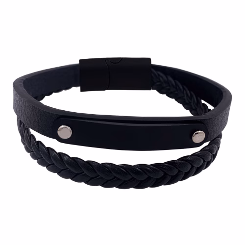 pulsera de acero y cuero negro motivo