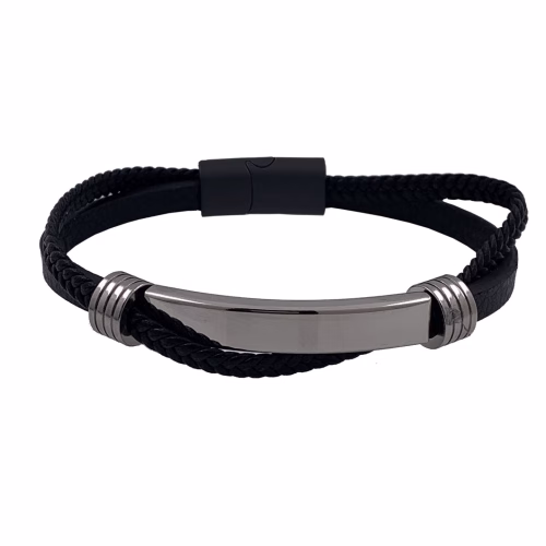 pulsera de acero y cuero negro motivo