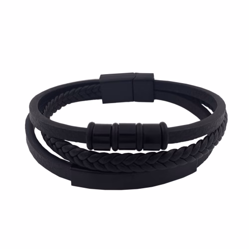 pulsera acero y cuero negro motivo