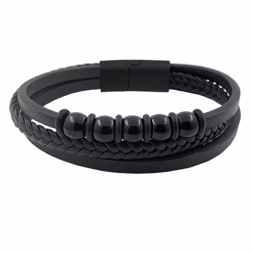 pulsera acero y cuero negro motivo