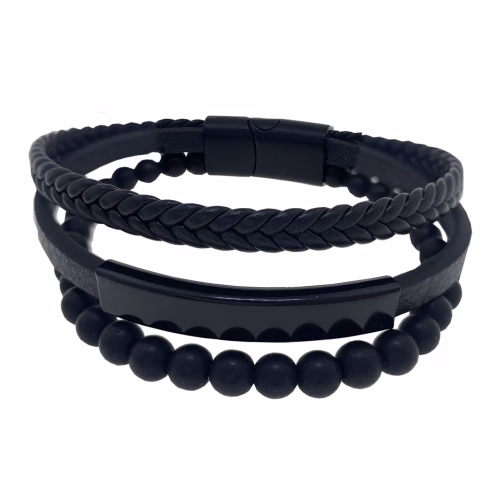 pulsera triple de acero y cuero negro motivo