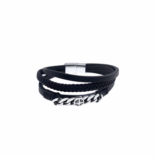 Pulsera de acero y cuero triple con trenzado negra
