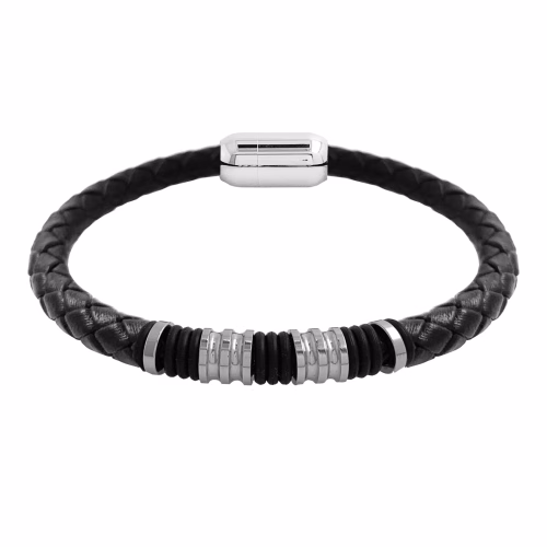 pulsera acero y cuero negro motivo