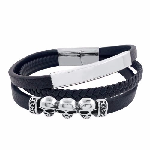 Pulsera acero y cuero triple negro 3 calaveras