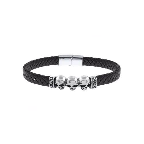 pulsera acero y cuero negro 3 calavera