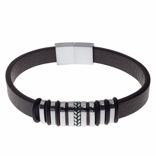 Pulsera de acero y cuero con motivo