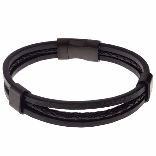 Pulsera de acero y cuero triple tira negra