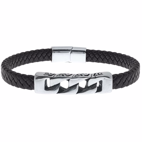 pulsera de acero y cuero negro motivo
