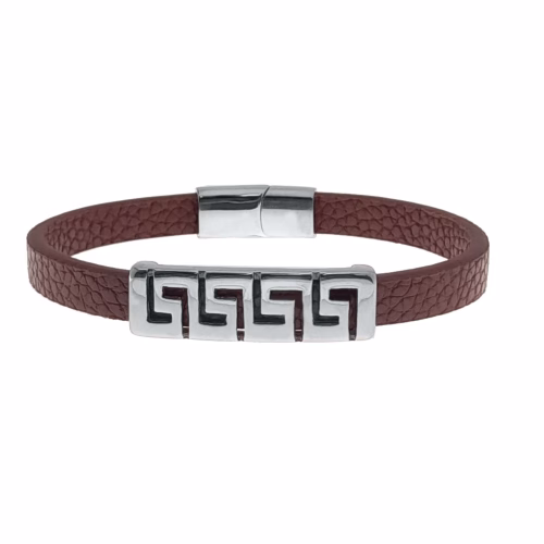 Pulsera de acero y cuero marrón motivo greca