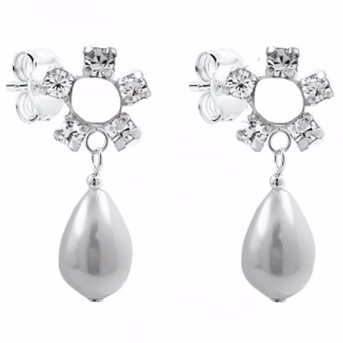 Pendiente de plata perla acrilica gota y flor