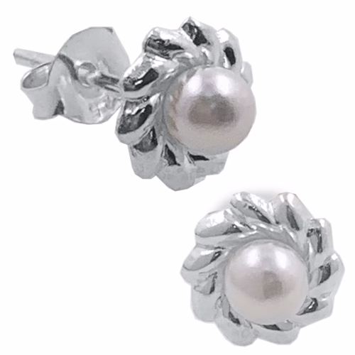 Pendiente de plata perla acrilica flor,4 milimetros