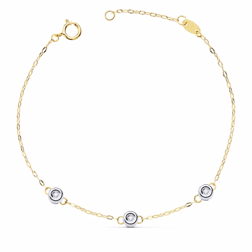 18k pulsera bicolor cadena forzada 3 diamantes laboratorio 0,045 qts. g-vs2. largo: 19 cm